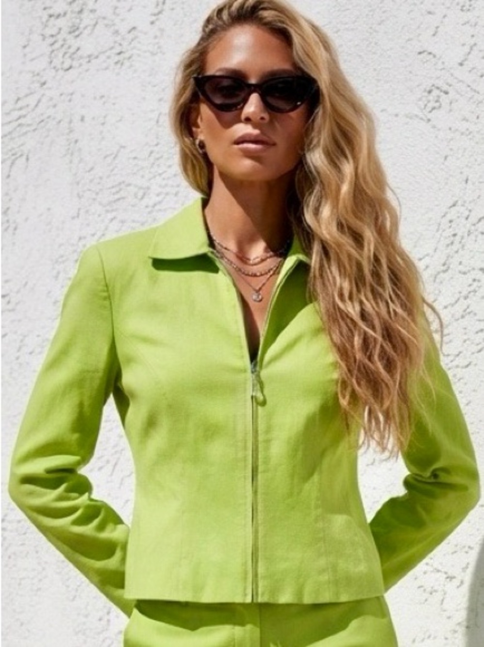 Express Tailleur Lime Green Zip-Front Jacket w/Clear Bauble Zipper Pull Size 7/8